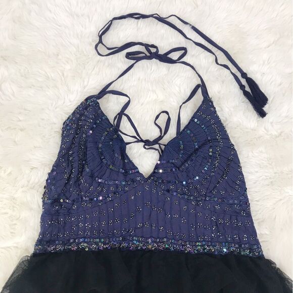 FREE PEOPLE Tulle Flutter Mini Dress Beaded Backless Navy Black Size Large New - Picture 5 of 14